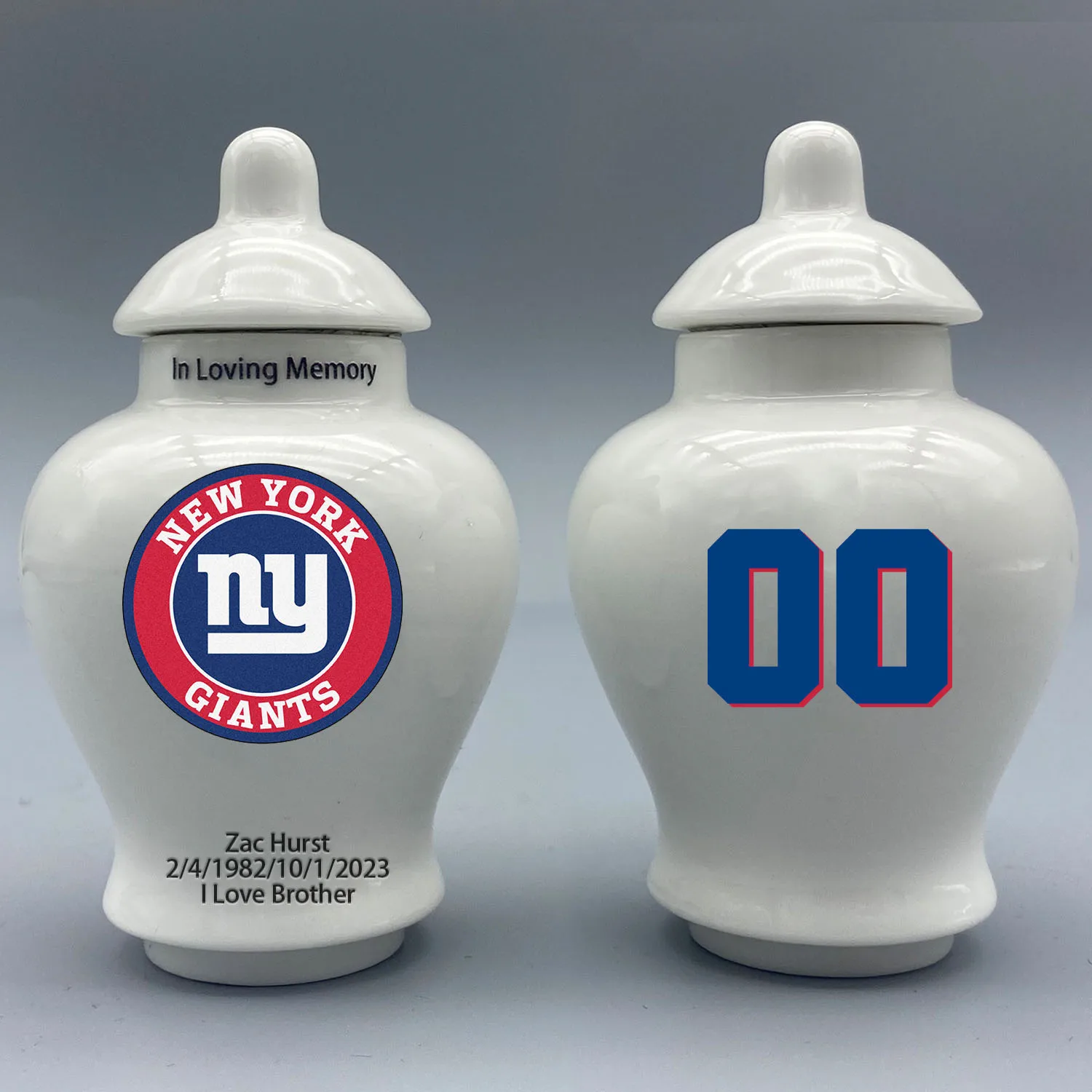 Mini Urn for New York Giants-themed Logo Urn.Please send me the customization information - name/date and number on the urn