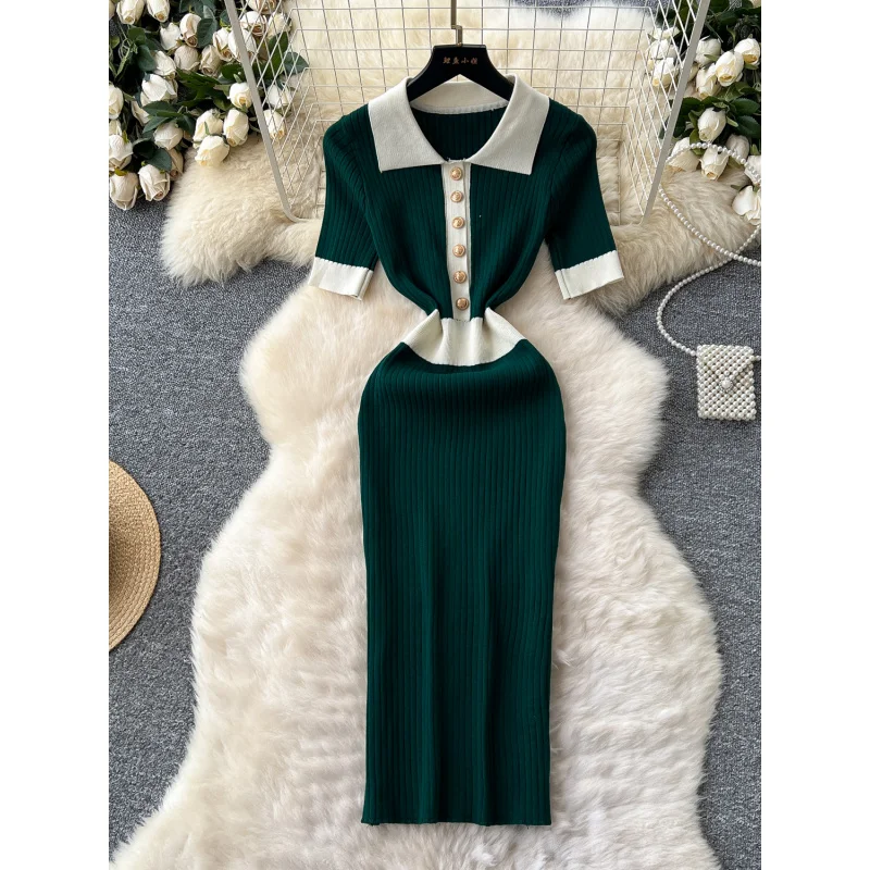 ผู้หญิงเก๋ฤดูร้อนSlimเสื้อโปโลคอBodyconถักชุดยาวVINTAGE PARTY Patchwork SheathชุดElegant Tunic Office vestidos