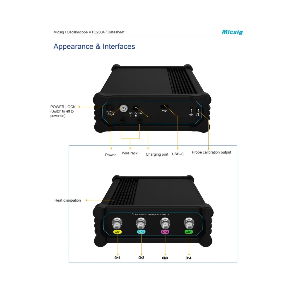 Micsig Automotive Diagnostic Oscilloscope VTO2004 4 Channels 200Mhz 1GSa/S 50Mpts Portable Split Type Oscilloscoop