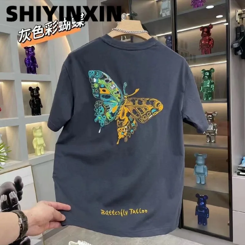 

Мужская одежда, свободная футболка с короткими рукавами и вышивкой, летние винтажные повседневные модные топы с круглым вырезом