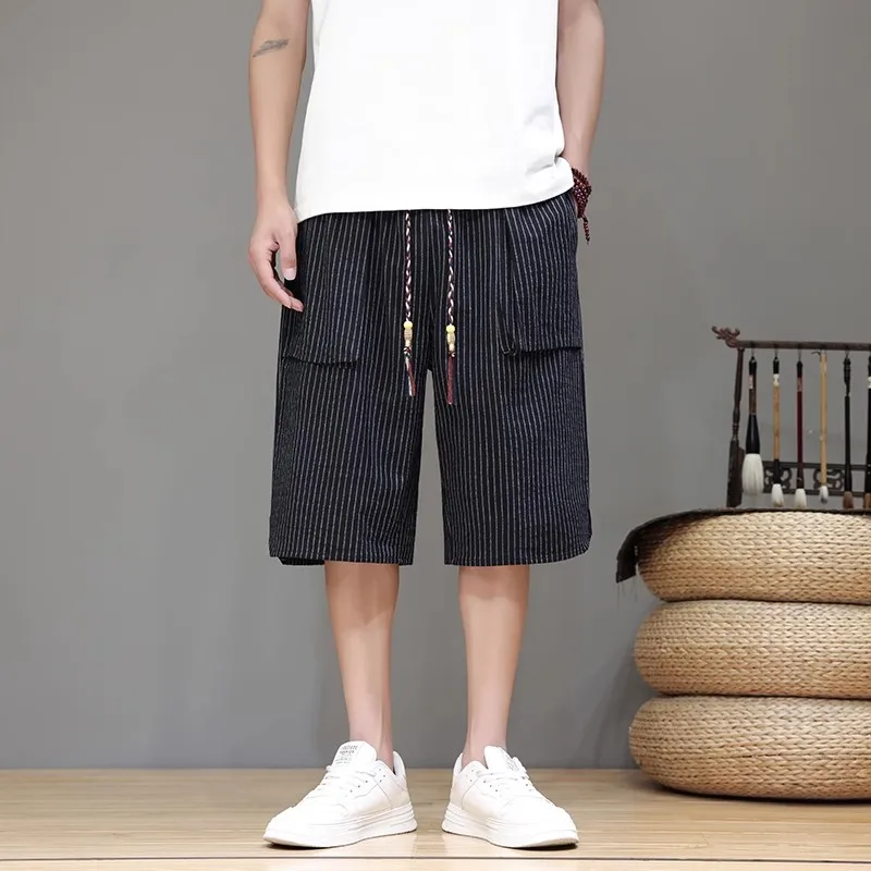 Summer Striped Knee Length Pants Men Chinese Style Thin Casual Shorts Male Loose Sports Streetwear Jogging Short Trousers Man
