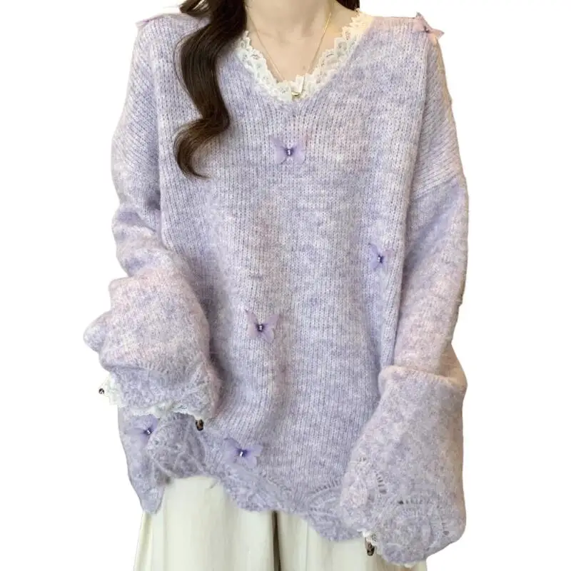 Menina renda borda camisola princesa moda lazer mangas compridas solto de malha anti envelhecimento versátil primavera outono roupas fora