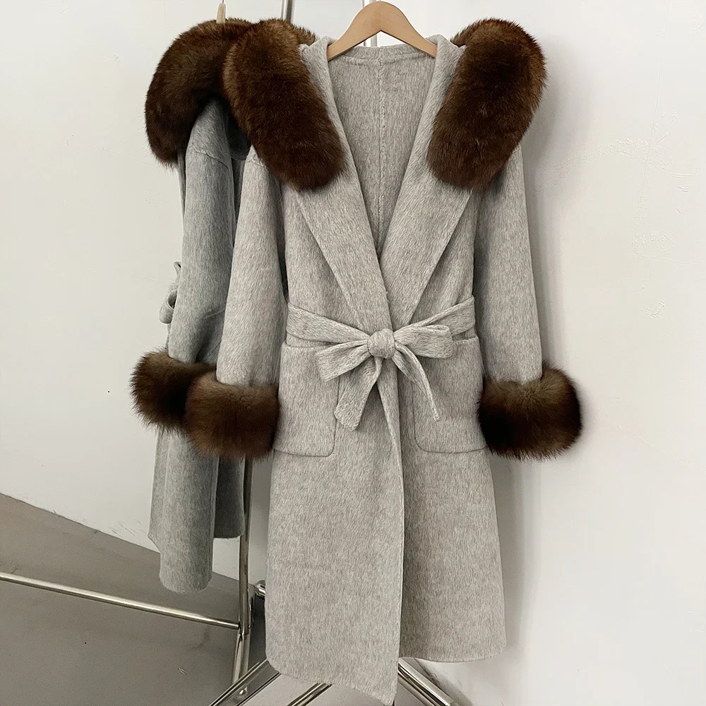 OFTBUY Wollmantel mit Echtfellkragen und Kapuze, Gürtel, 100% Wolle, Damen, Herbst/Winter, Luxus, Lange Kleidung mit Naturfell – Detail 21