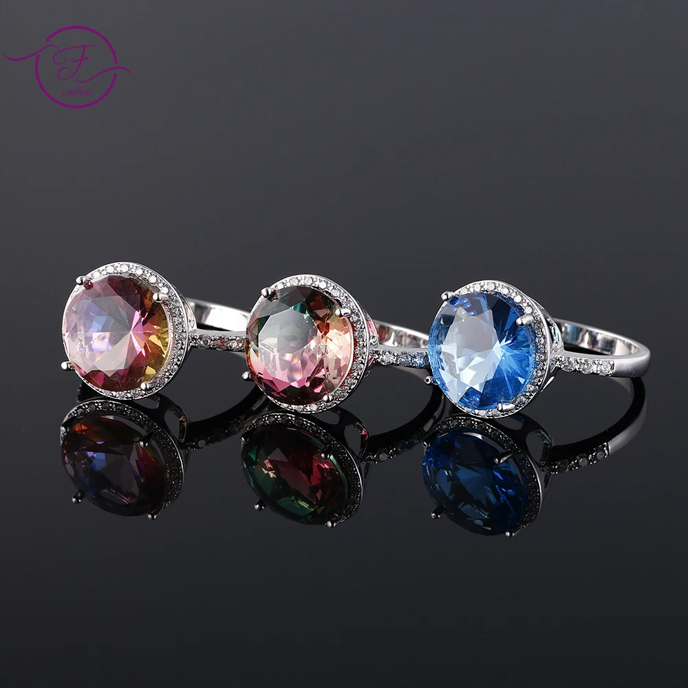 

Large Round Blue Multicolor Tourmaline Ring Women's Silver Color Zircon Jewelry Engaged Wedding Party Anniversary Gift for Girl