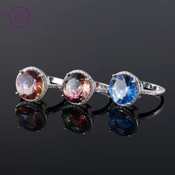 Large Round Blue Multicolor Tourmaline Ring Women's Silver Color Zircon Jewelry Engaged Wedding Party Anniversary Gift for Girl