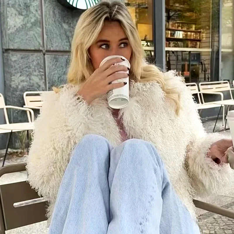 Women Thick Faux Fur Jacket Loose Turn Down Collar Open Stitch Solid Streetwear Full Sleeve Warm Jackets Autumn Winter