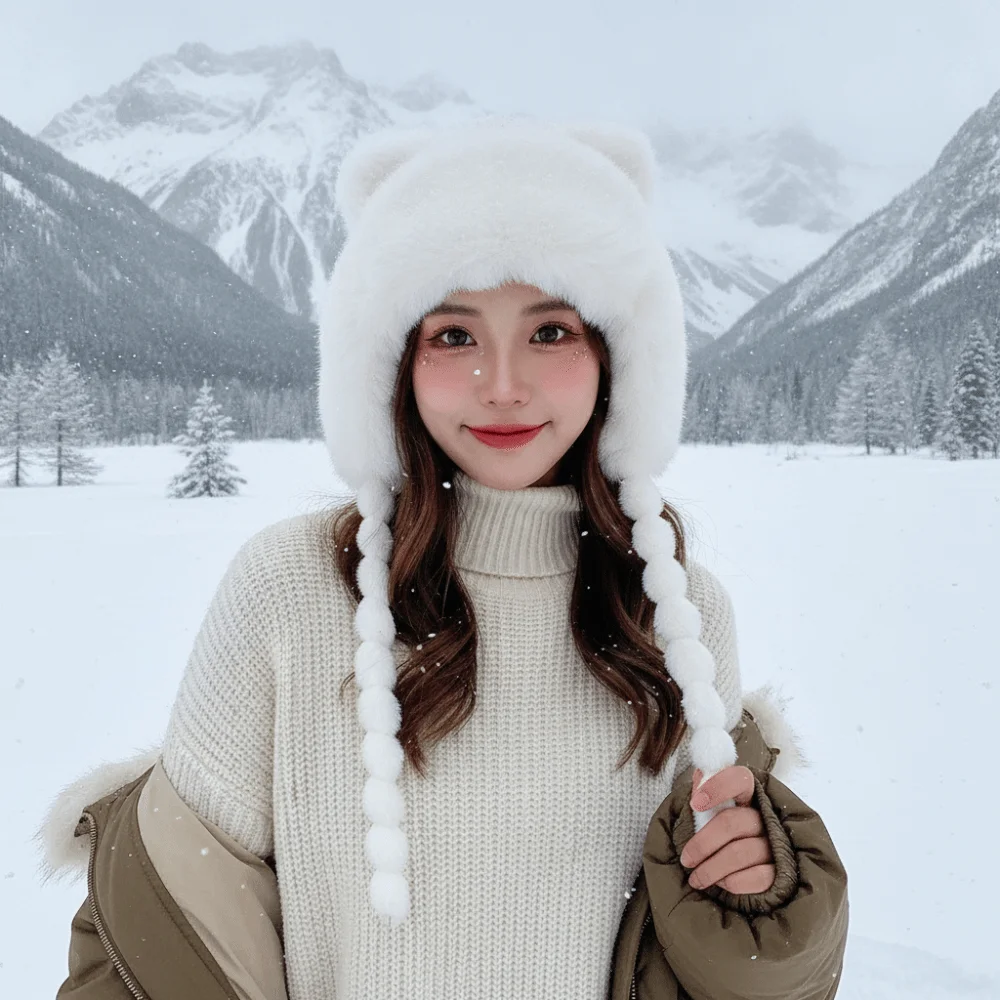 Fleece Lined Pompom Braids Hat Striped Knit Soft Yarn Fleece Knit Beanie ElasticThick Thermal Fur Trim Trapper Travel