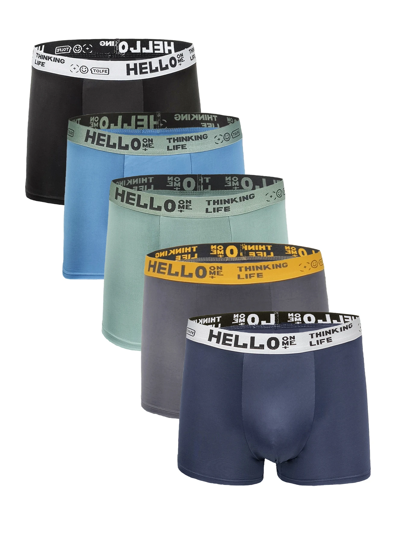 

Men's 5-Pack Ice Silk Boxer Briefs - "HELLO" Logo Waistband, Assorted Multicolor Underwear Set