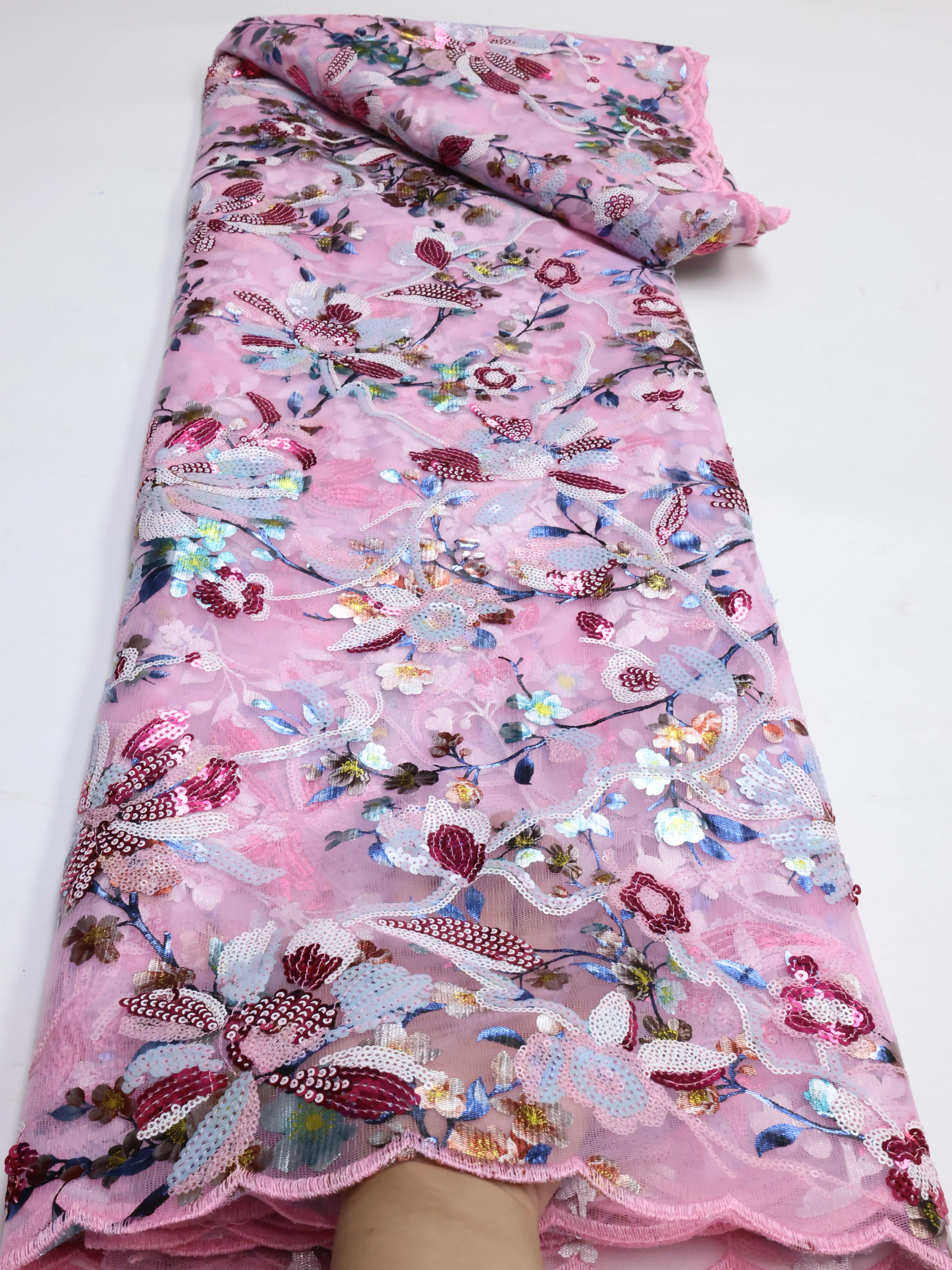 2025 African Net Lace With Sequins African Lace Fabric High Quality 5 Yards Nigerian French Tulle Lace Fabric For Wedding view 2