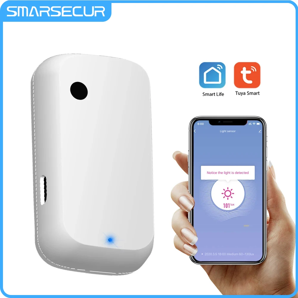 SMARSECUR Tuya Light Sensor Brightness Detector Smart Home Security Linkage Illumination Sensor Remote Control Smart life App