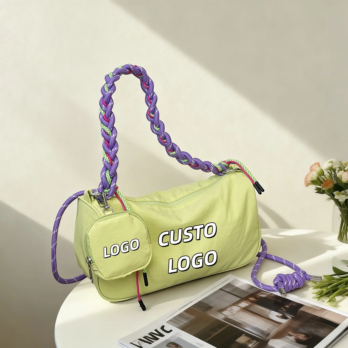 Custom Logo Women Nylon Cylinder Shoulder Bag Braided Rope Strap With Mini Coin Purse Zipper Casual Sporty Crossbody Handbag