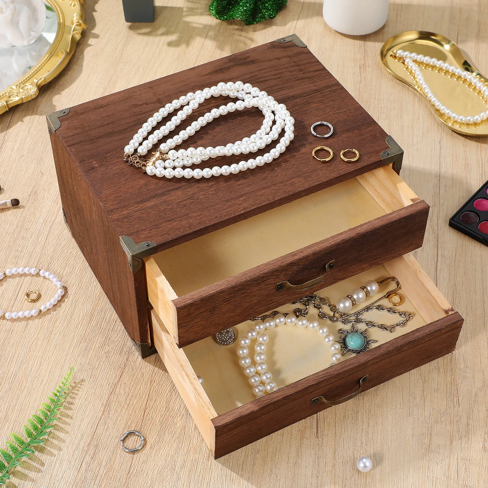 

Two Drawer Drawer Style Vintage Wooden Desktop Storage Box Compact Organizer for Office Home Makeup Jewelry Supplies