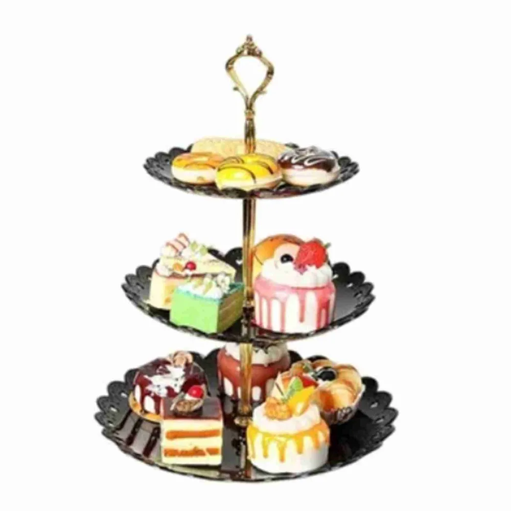 3 Tiers Dessert Tray Stand Plastic Material Luxurious Design Fruit Cake Display Rack Black Color European Style