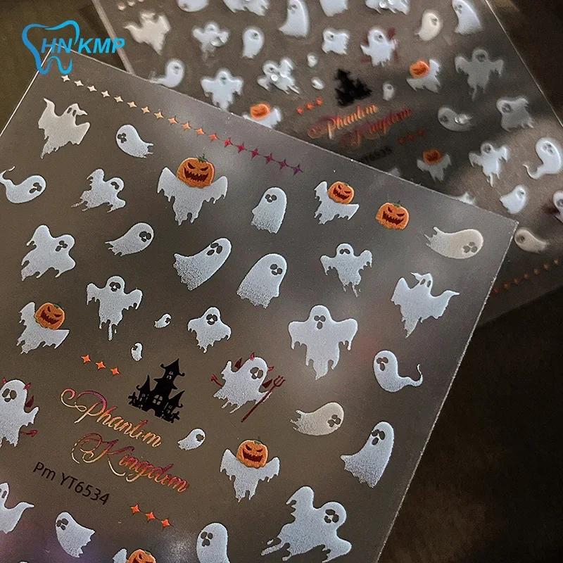 1 hoja de pegatinas de uñas de fantasma aleteo blanco de Halloween para manicura DIY dijes calabaza autoadhesivo mujeres hogar DIY calcomanías de uñas