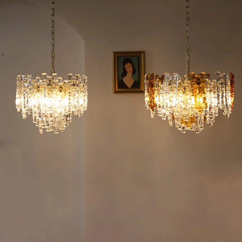 

REVEN Modern Geometric Rectangular Chandelier Murano Amber Finish Glass 3-Color Dimmable Luster Light for Living Room Dining Roo
