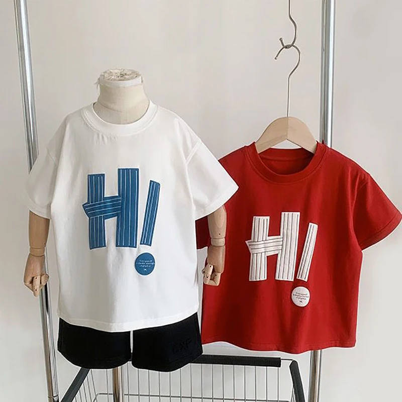 Children's Fashion Letter Print T-shirt Boys Summer Casual Loose O-Neck Short Sleeve Pullover Pop Simple Pure Cotton Texture Top