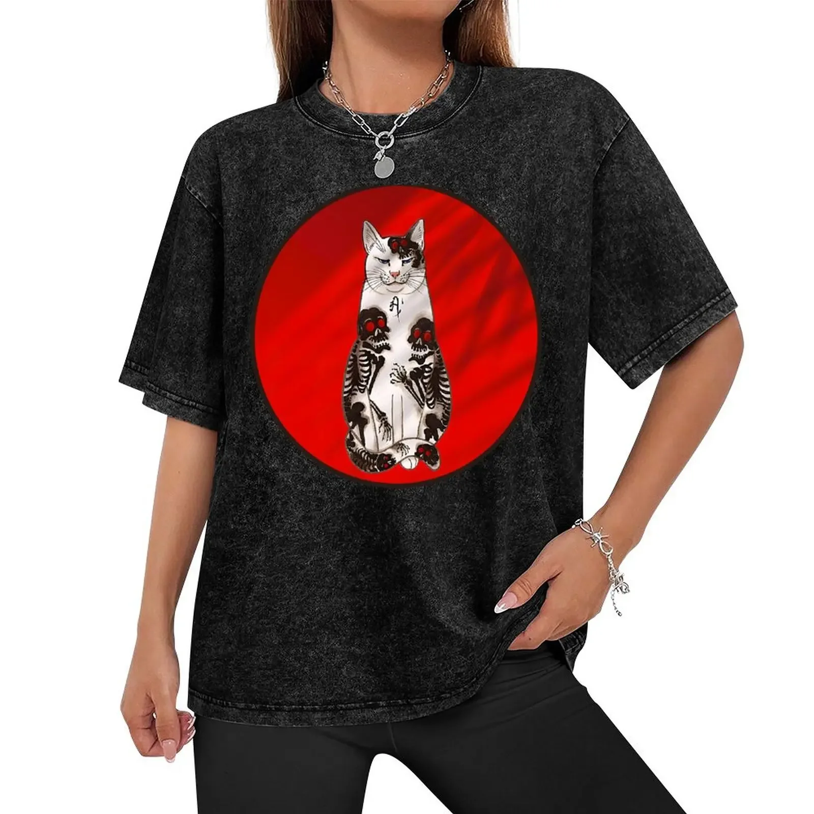 Tattooed Cat Tattoo Print - digitally enhanced remix on red background with palm leaf shadow T-Shirt