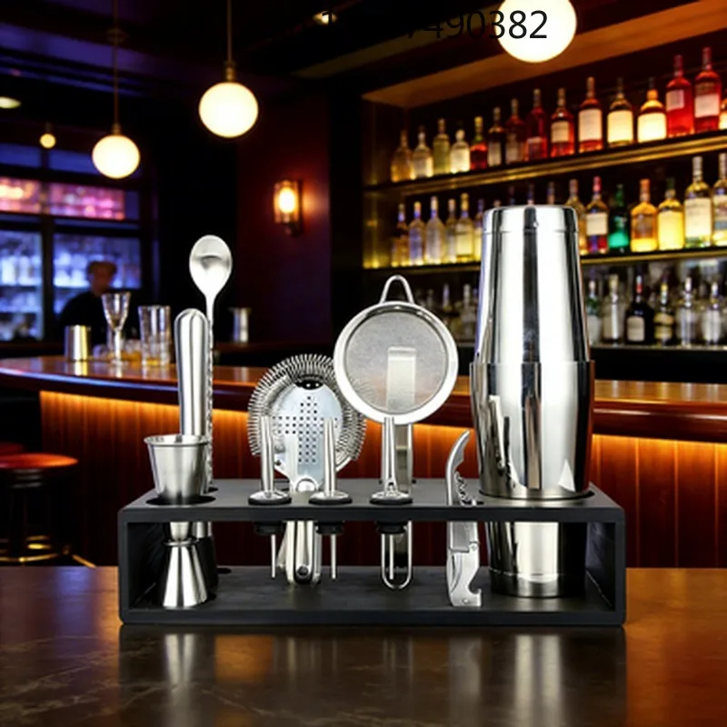 14Pcs Weighted Boston Cocktail Shaker Bar Kit Roll Rim Jigger Hawthorne Strainer Natural Bamboo Stand For DIY  Cocktail