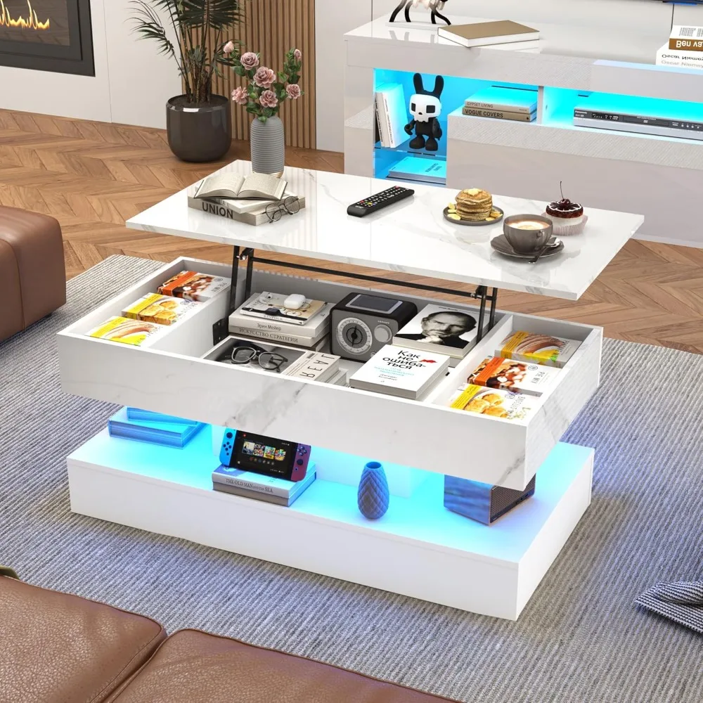 

39.4" Large Lift Top Coffee Table, Modern LED High Glossy Coffee Table with Charging Station, Lights, Hidden, Customized