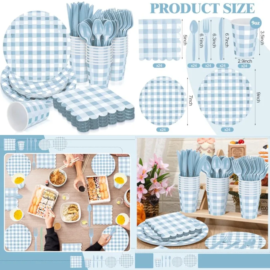 

168 Pcs Gingham Party Supplies for 24 Guests Disposable Set with Paper Plates Knives Spoons Forks Napkins Cups in Checkered Des