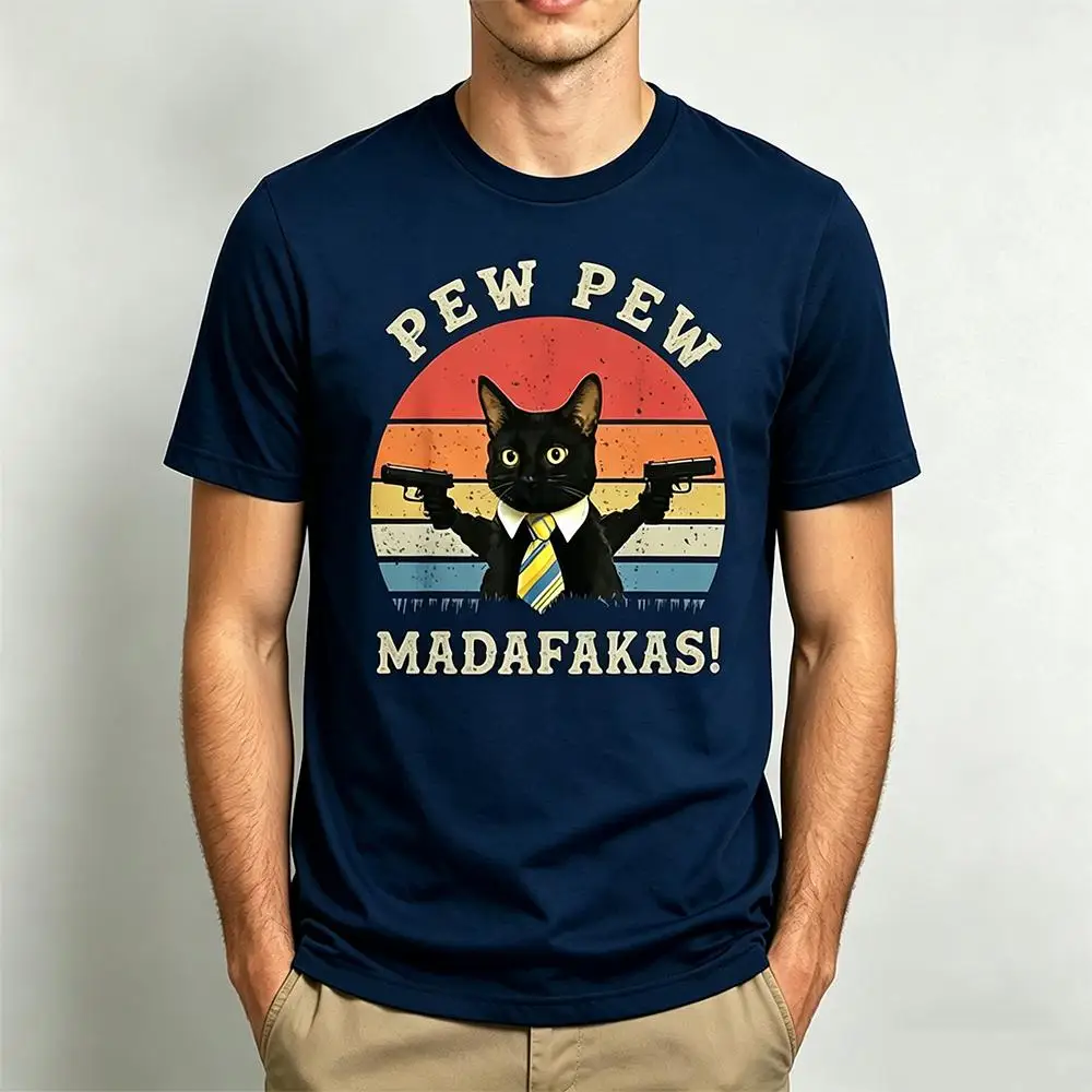 

Funny Pew Pew Madafakas Black Cat T-shirt Men Vintage Sunset Graphic Harajuku Casual Short Sleeve Top Unisex Street Y2k Clothing