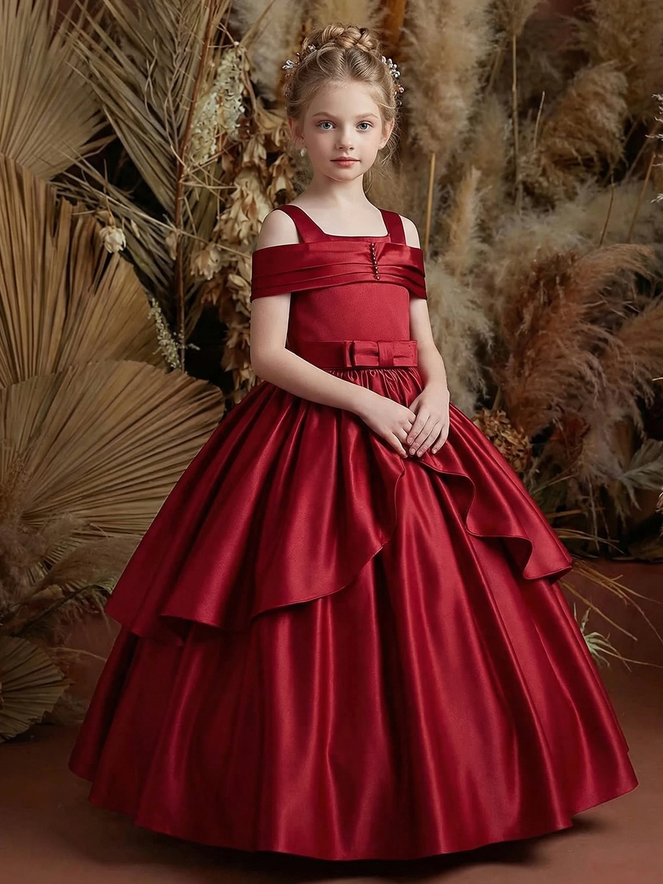 Vestido de gala de satén burdeos para niñas, con hombros descubiertos, falda en capas, lazo en la cintura, para bodas, cumpleaños, concursos, graduaciones, fiestas y eventos formales.