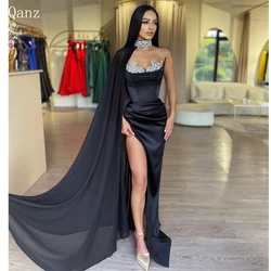 Qanz Black Mermaid Satin Evening Dresses Chiffon Cape Crystals Formal Party Gowns Sexy High Slit  Event Prom DressCustomized