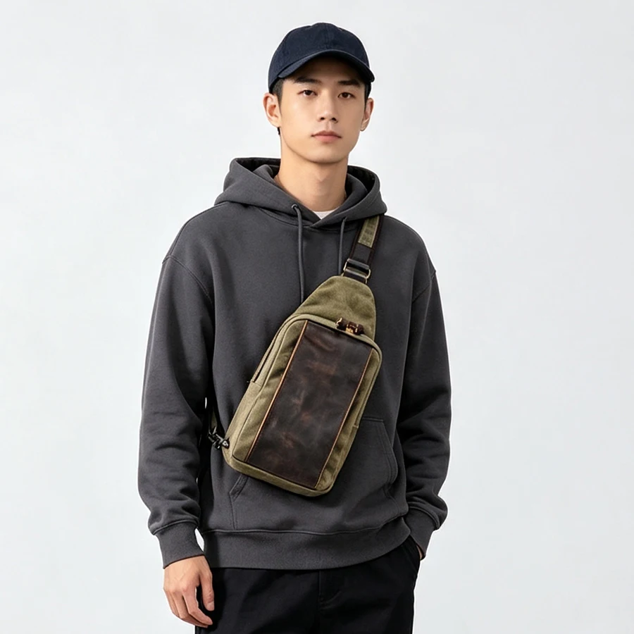 Retro Motorcycle Backpack Men's Casual Canvas Crossbody Bag Wax Dye Commuter Single Shoulder Bag Diagonal Sling Bag