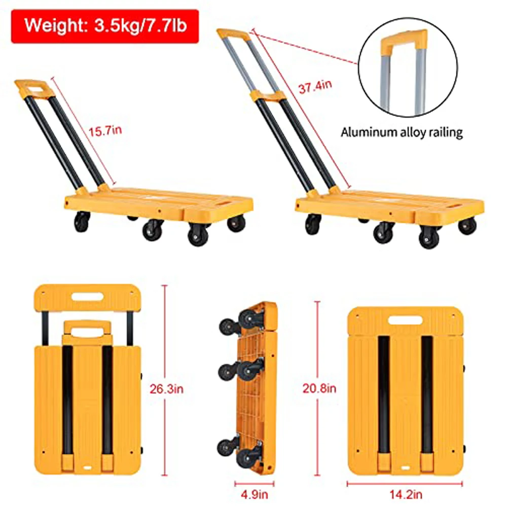 Folding Hand Truck, Heavy Duty Luggage Cart, Utility Dolly Platform Cart with 6 Wheels