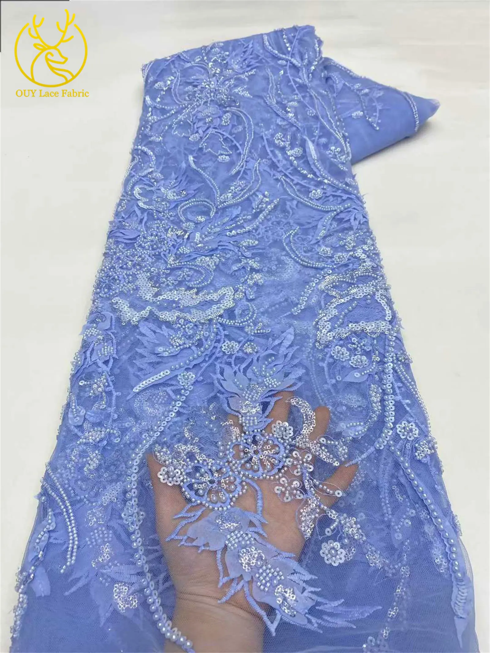 Tessuto africano del pizzo in rilievo 2026 Francese-Nigiano ricamato tulle tessuto di pizzo con paillettes festa di nozze abito da sposa da donna cucito