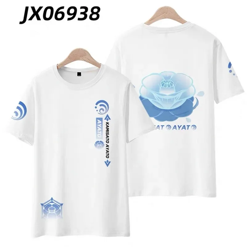 Genshin impacto kamisato ayato 3d impressão camiseta verão moda em torno do pescoço manga curta popular jogo streetwear