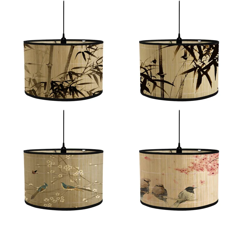 Retro Style Bamboo Lampshade Landscape Painting Abstract Light Cover Chandelier Room Hotel Homestay Decor Art Light Shade Crafts