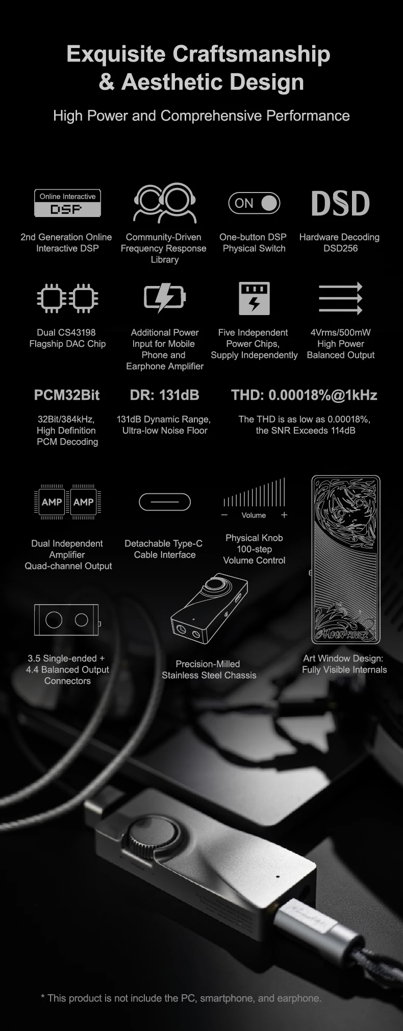 MOONDROP MOONRIVER 3 Kopfhörerverstärker 32Bit/384kHz PCM-Dekodierung mit abnehmbarem Typ-C-Kabel 3,5mm+4,4mm Ausgangsanschlüsse – Detail 2
