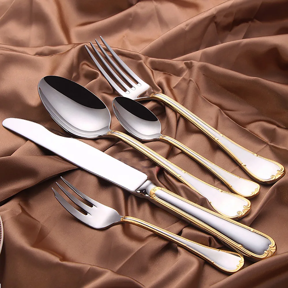 6/16/20Pcs Gold Plated Cutlery Set Stainless Steel 304 Tableware Mirror Dinner Set Elegant Knife Fork Spoon Western Flatware