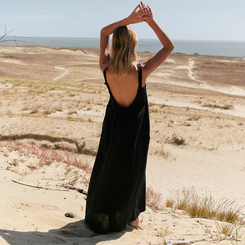 فستان طويل كتان عتيق للنساء صيفي مثير بدون أكمام جديد أسود بلون سادة فضفاض لقضاء العطلات على الشاطئ وحفلات الموضة رداء فيستدوس #1