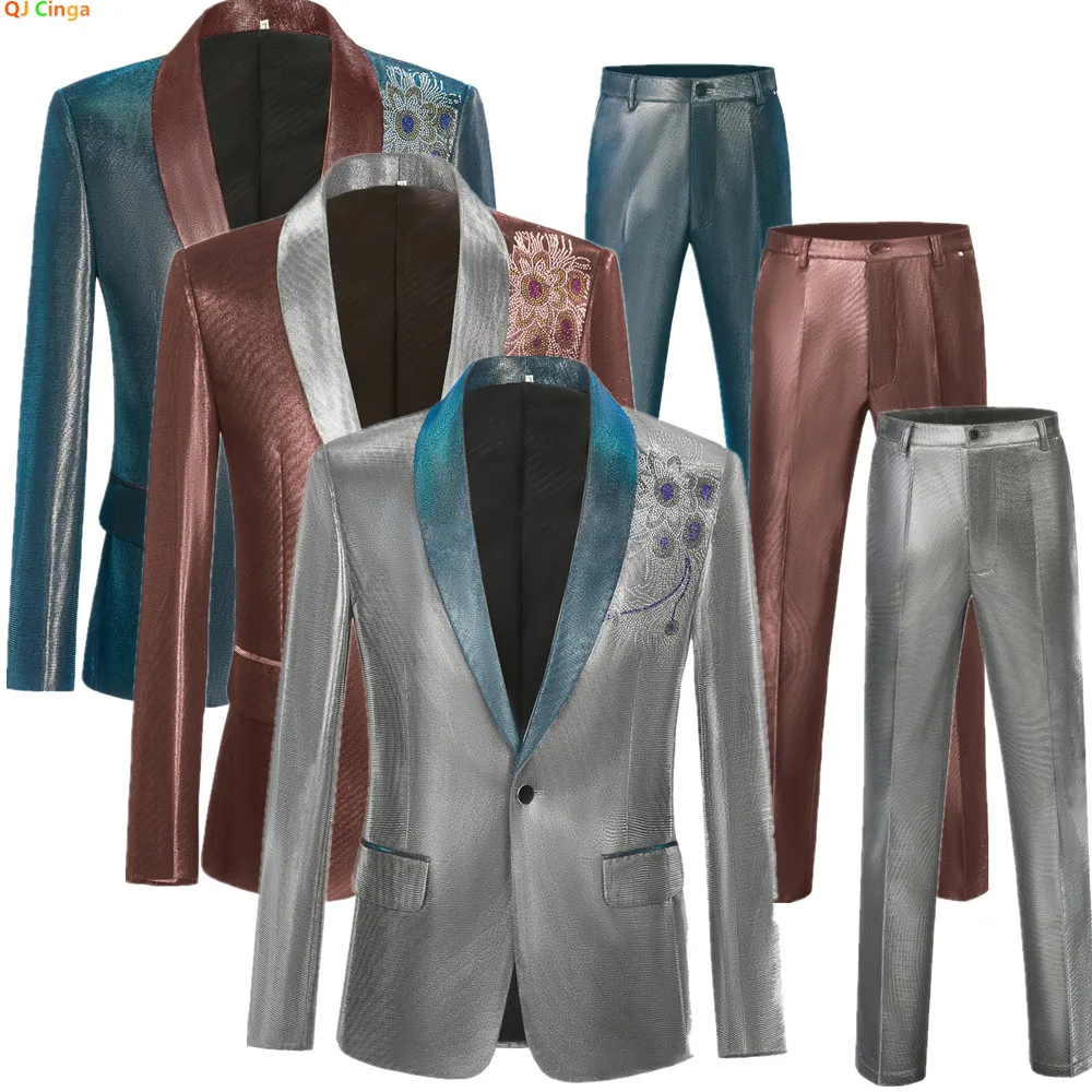 

Мужской серебряный костюм-двойка 2026, глянцевый блейзер с длинными рукавами и v-образным вырезом в сочетании с брюками. Азиатские размеры M-XXXL