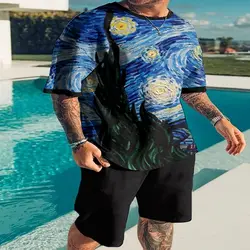 summer men's creative starry sky 3D printed sports short-sleeved suit personalized casual 2-piece set T-shirt + shorts fashion