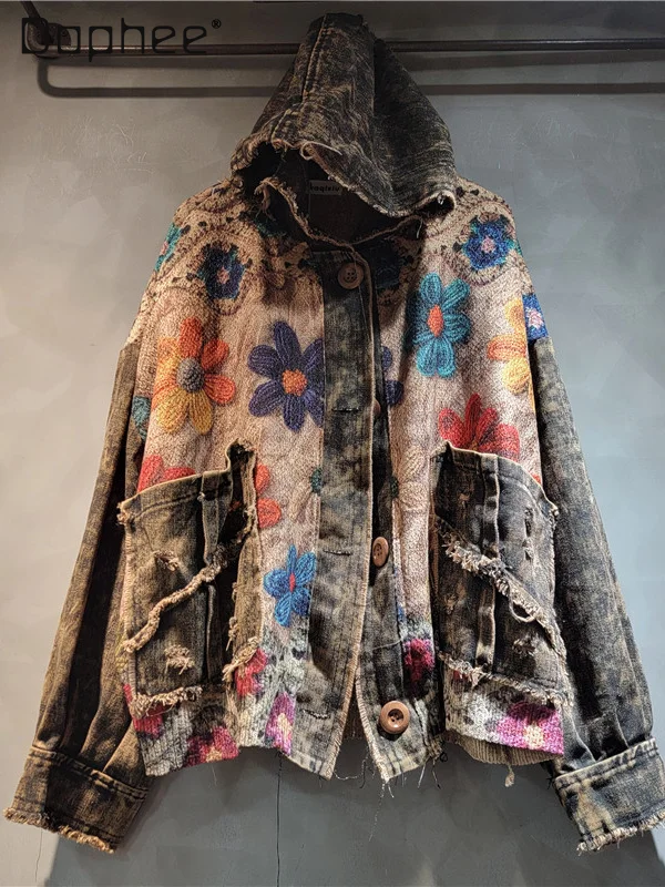 Fashion Versatile Loose Contrasting Color Printing Splicing Old Color Denim Hooded Cardigan Jacket Women 2024 Autumn New Coats