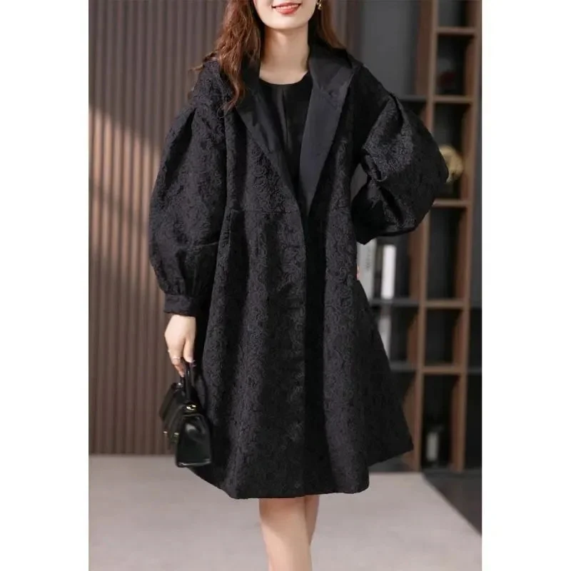 High Quality Trench Coat Women Mid Length 2023 Spring Autumn New Korean Version Long Sleeved Waistband Slim Jacquard Outerwear