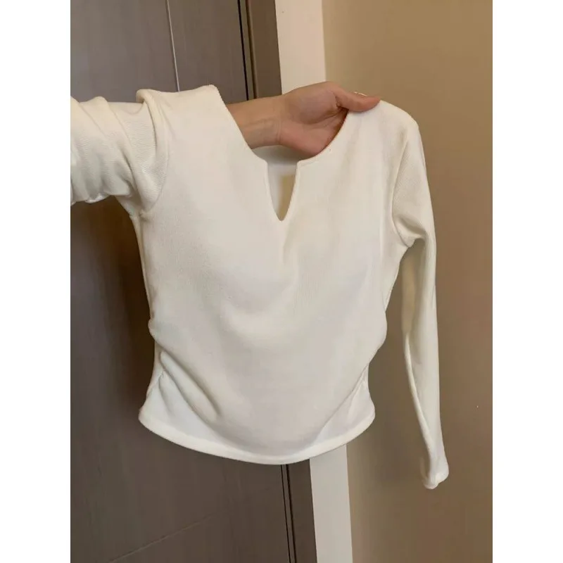 New Design Sense Niche V-neck Fleece Base Shirt Women's Small Shirt Short-sleeved Casual Simple Korean Top