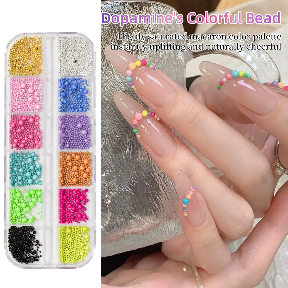 KANIU 12-Gitter-Box mit Dopamin-bunten Kaviarperlen 1-3mm, gemischte Farben, Nagelkunst für Anfänger, Fotorahmen-Dekoration, DIY-Bastelarbeiten