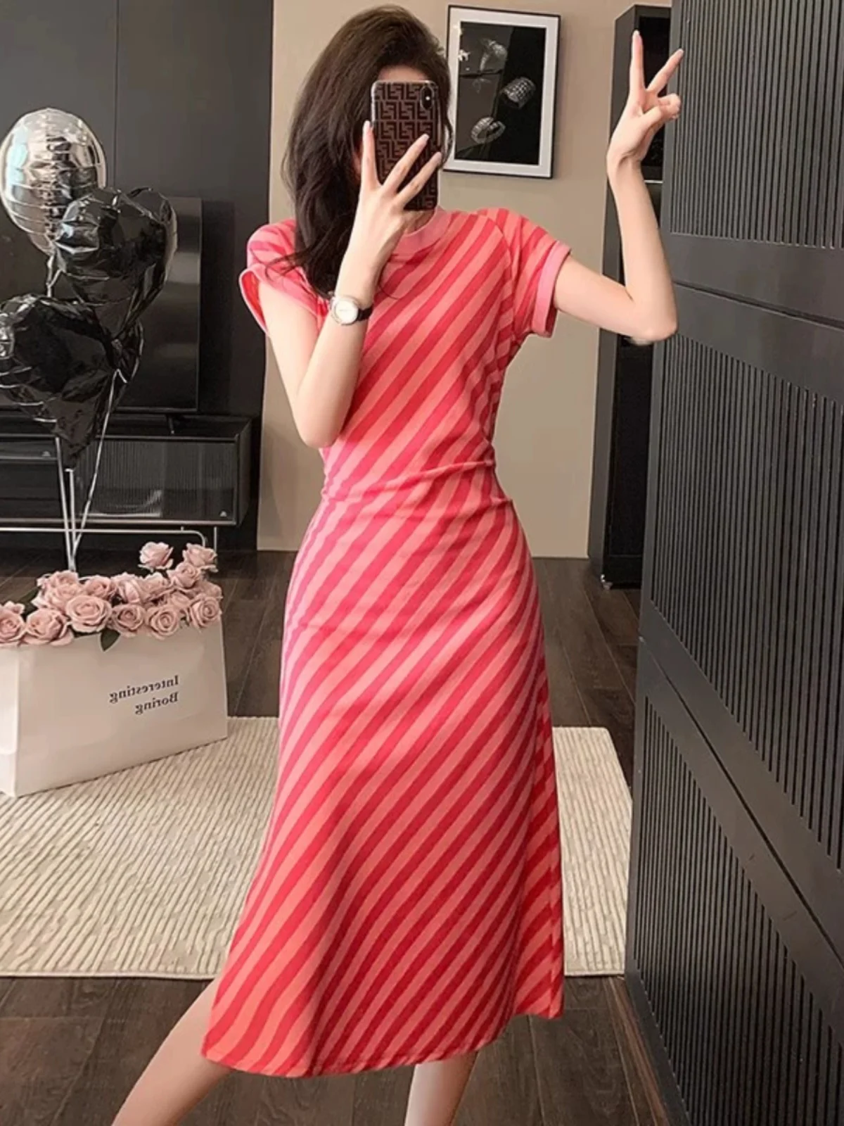 

Stylish Red Stripe Women's Dress European Fashion Short Sleeve Open Split Midi Skirt Beautifully Designed Summer Dress