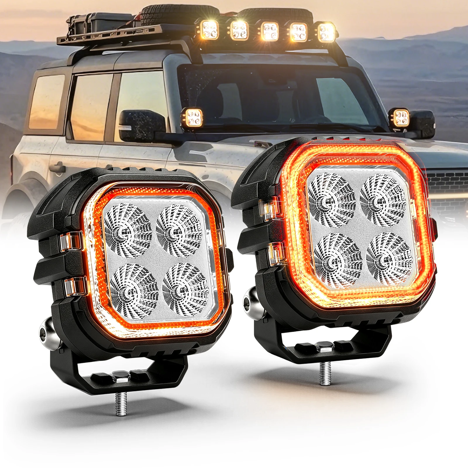 

HL Square 3" 4" 5" LED Flood Work Light Amber Halo Daytime Running Light IP68 for Wrangler JL JK 4x4 Pickup SUV off-road use