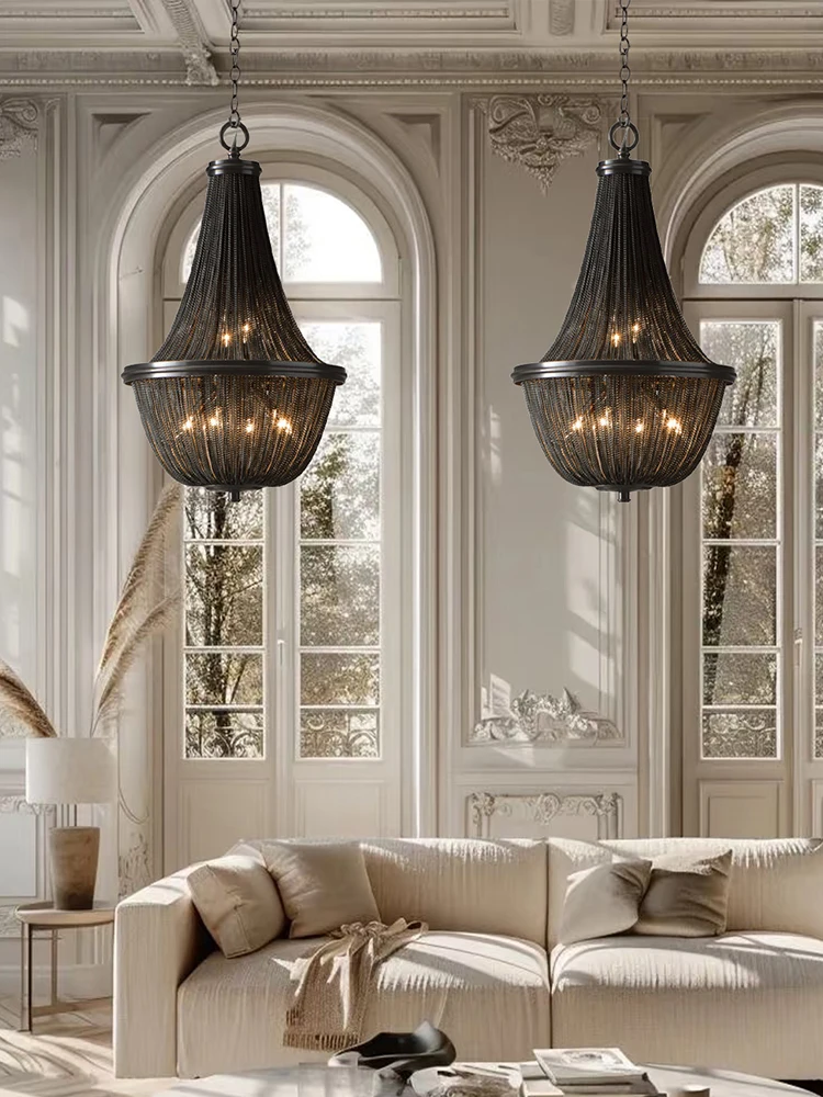 Neoclassical Hanging Lamp Black Metal Tassel High Ceiling Chandeliers Modern Stair Pendant Lighting Fixtures Living Room Lustre