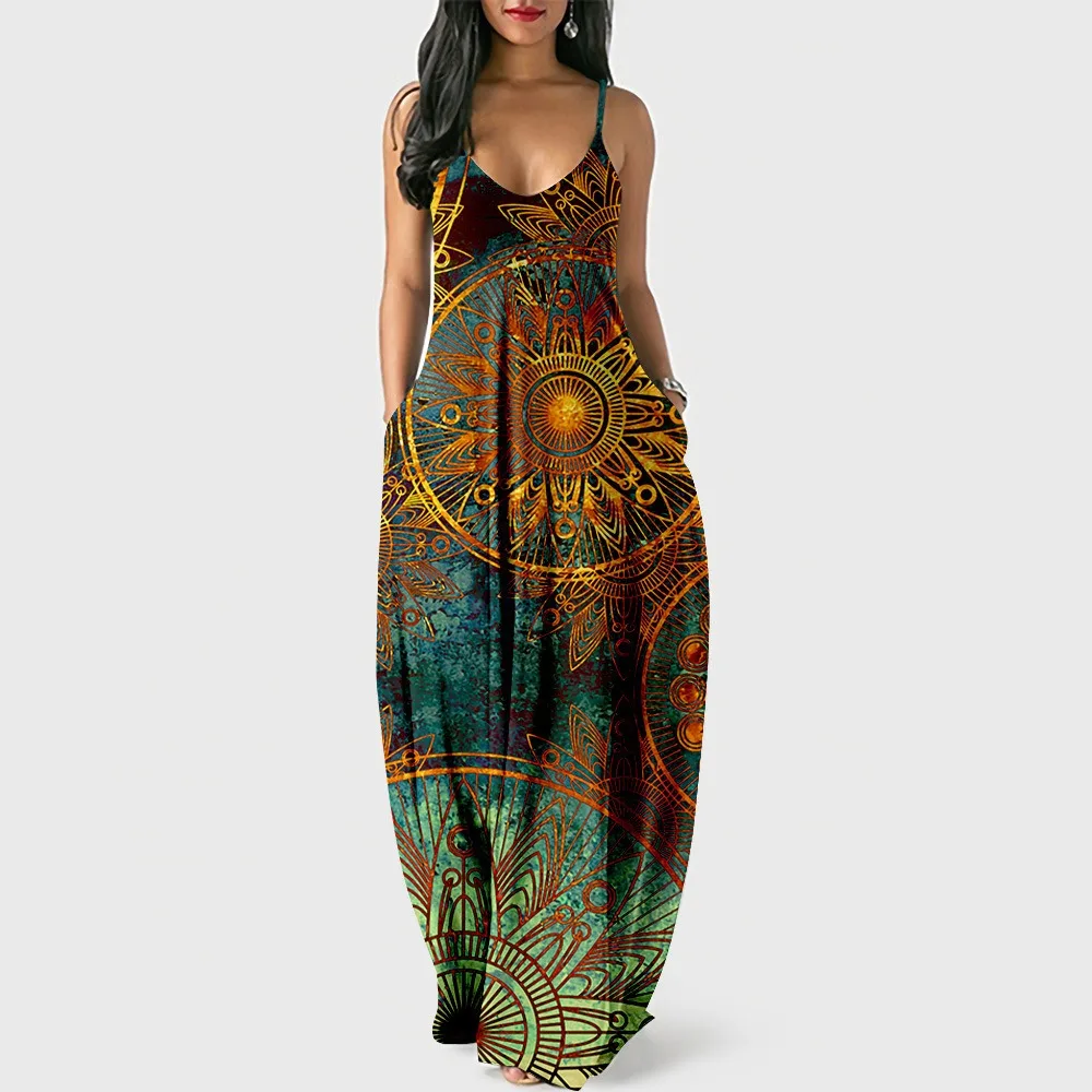 Gaun kasual wanita gaya Bohemia bunga gaun pantai tanpa lengan gaun pesta mode trendi gadis Sundress saku Vestido Chic