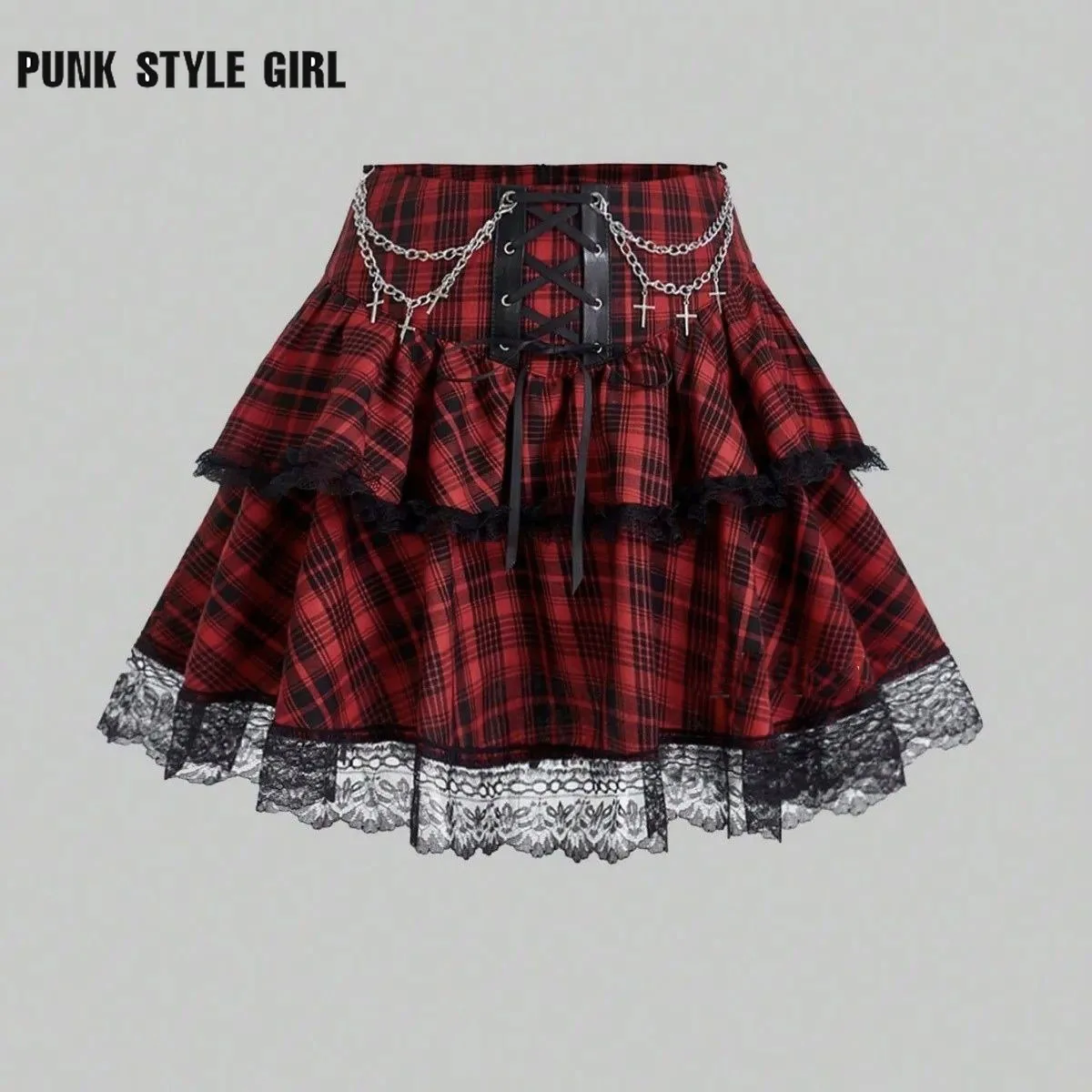 Plaid Print Subcultures Punk Rock Y2k Mini Skirt High Waist Ruffle Cake Lace Up Harajuku Gothic 2000s Ball Gown Skirts for Women