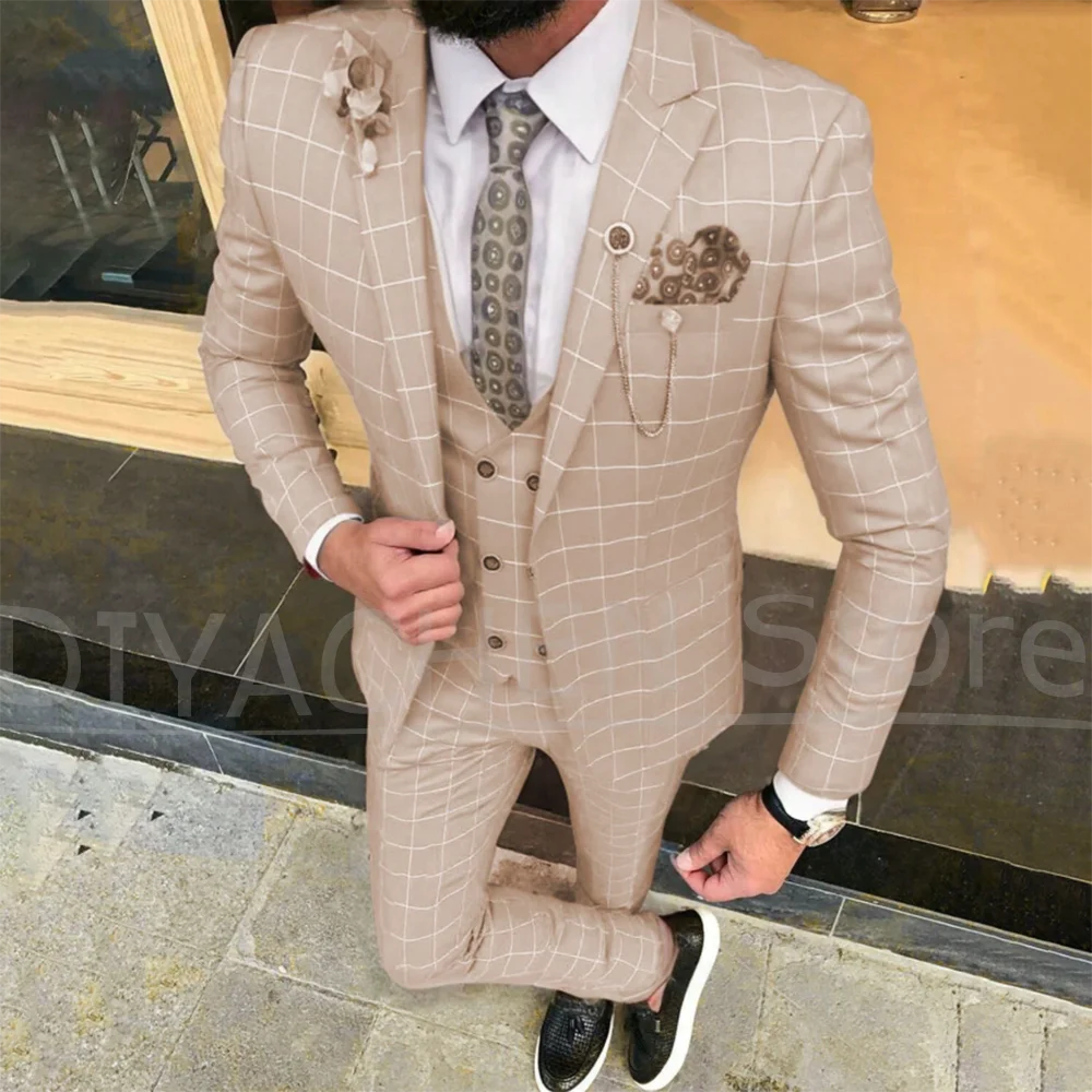 Men's Grid Pattern Suit Set with Peak Lapel Single Breasted Wear Slim Fit Formal Wedding Party Prom Suits (Blazer+Vest+Pants)