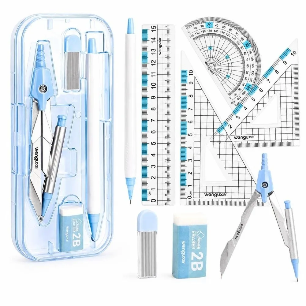8Pcs Metal Geometry Compass Set Protractor Triangle Ruler Set Drawing Tools Students Compass Kit Geometry Drafting Stationery