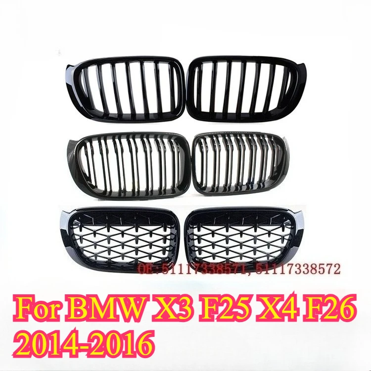 

1-Pair Chrome Silver Front Kidney Grille Diamonds Front Bumper Grille for BMW X3 F25 X4 F26 2014-2016 Double Slat Grille
