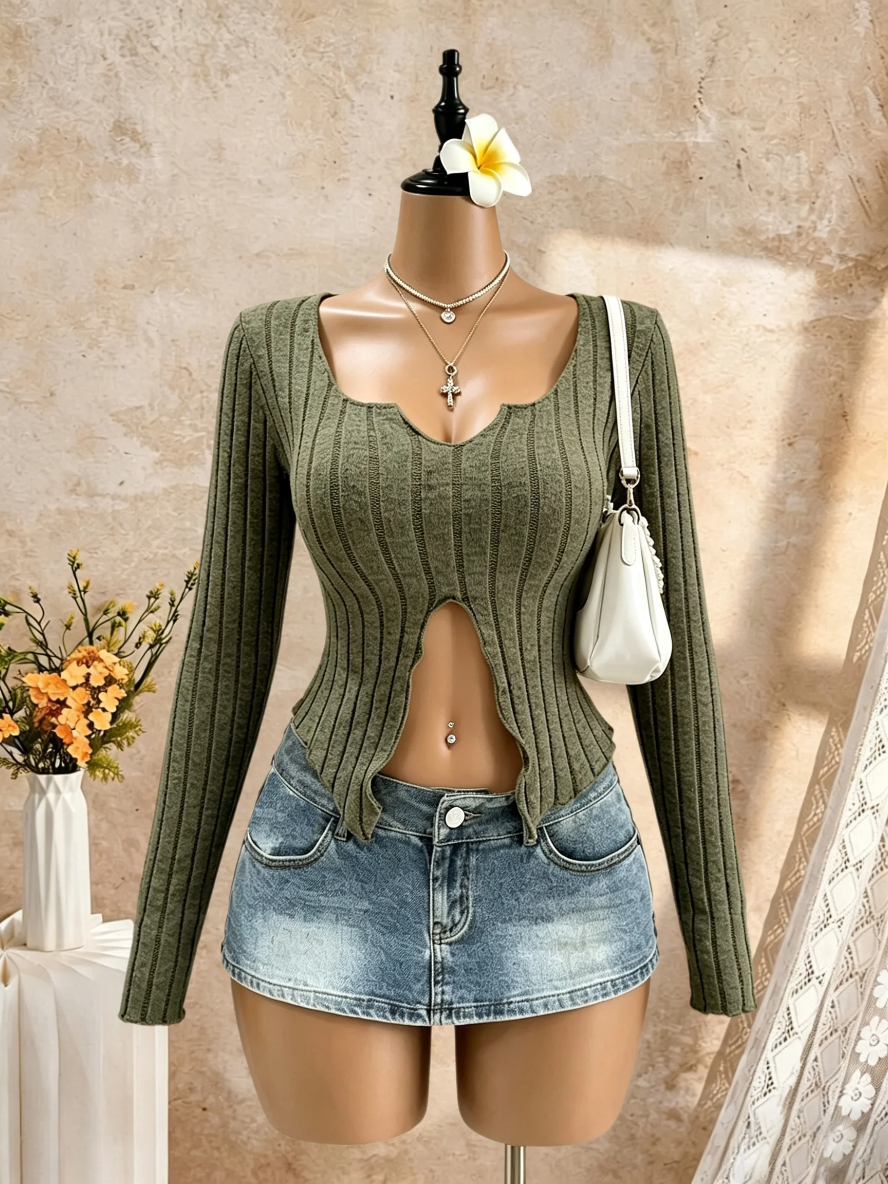 Women Notched Neck Front Cut Out Ribbed Long Sleeve Top Split Hem Slim Fit Crop Tee Y2K Sexy Casual Basic Shirt